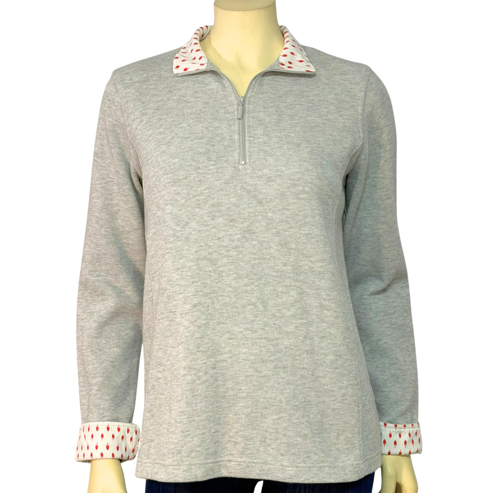 Orvis Sz M Thick Knit Pullover Sweater Top 1/4 Zip Gray w/Contrast Lining Casual